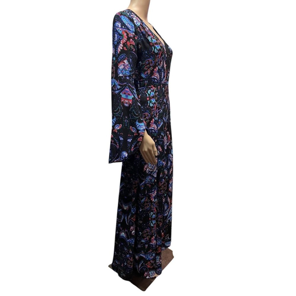 Express Women Blue Paisley Bell Sleeve Fit And Flare Maxi Dress Size 6 - Picture 4 of 12